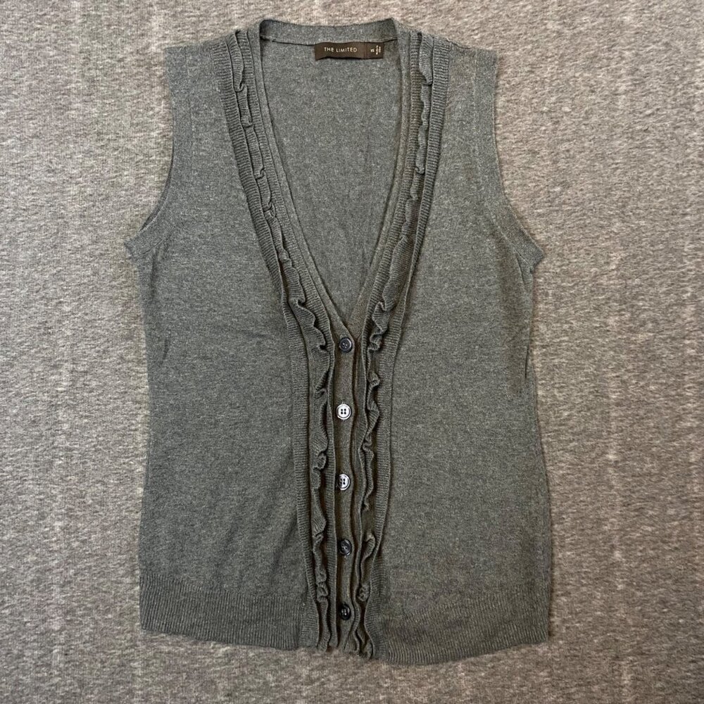 VTG Sweater Vest Size XS The Limited Gray Ruffle Button Sleeveless Cardigan Top